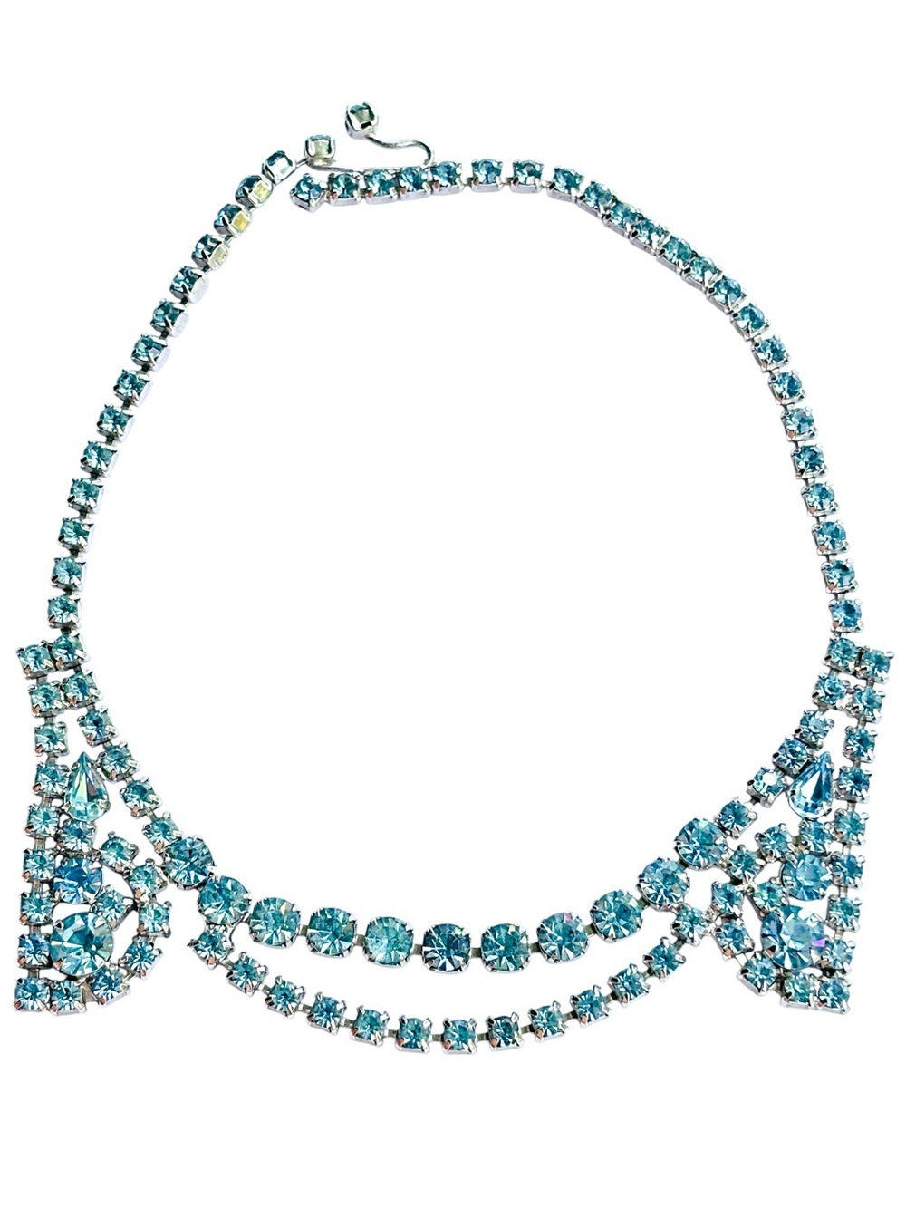 Kramer Vintage 1950s Aqua Blue Rhinestone Bib Statement Necklace 15.5”